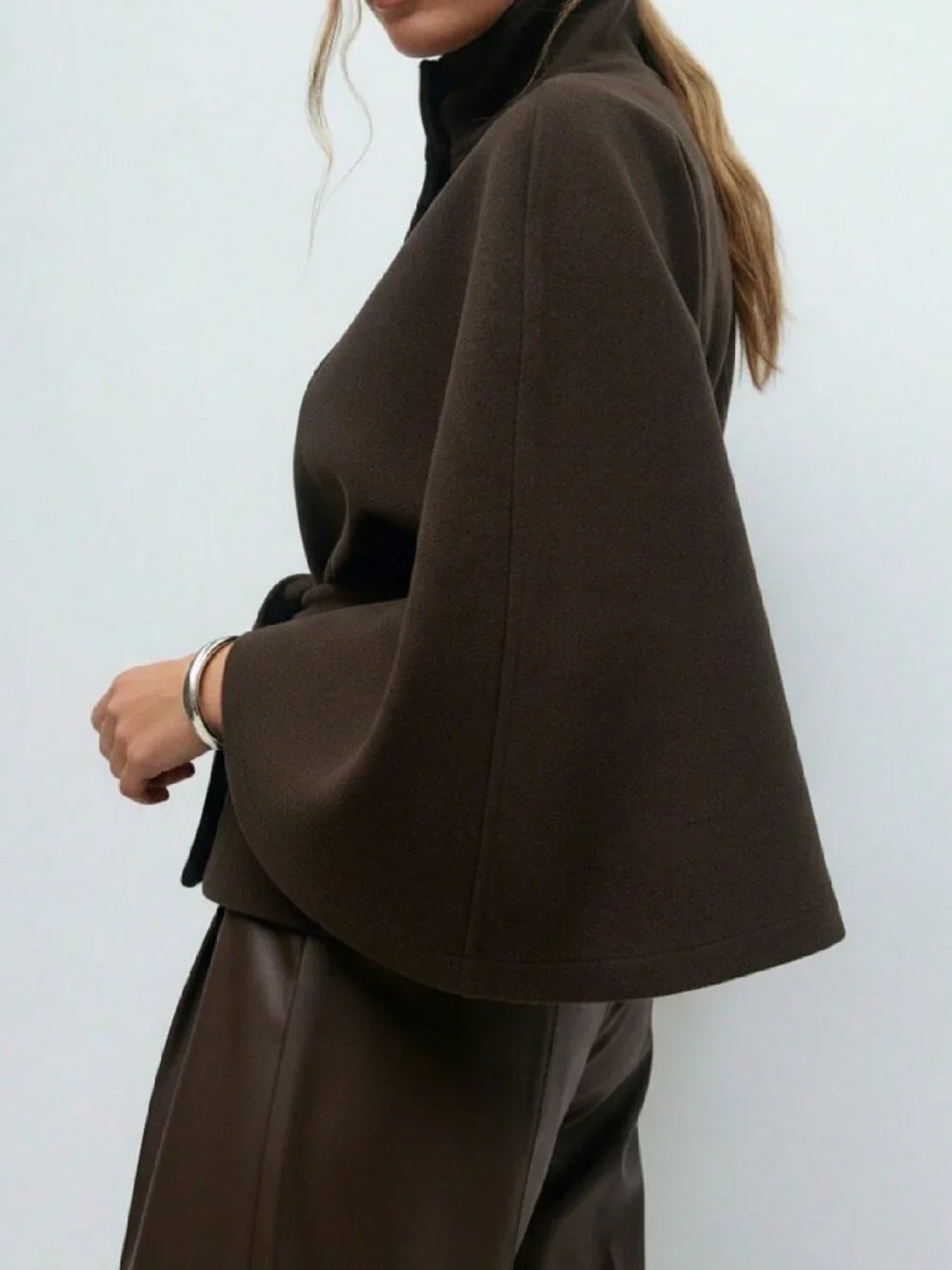 Coffee Brown Casual Women's Elegant Hooded Poncho Overcoat With Belt